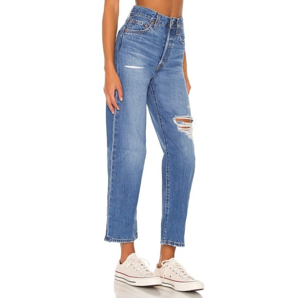 Levis Premium Womens Ribcage Straight Ankle Denim Jeans Blue Distressed Hi Waist - Picture 3 of 8